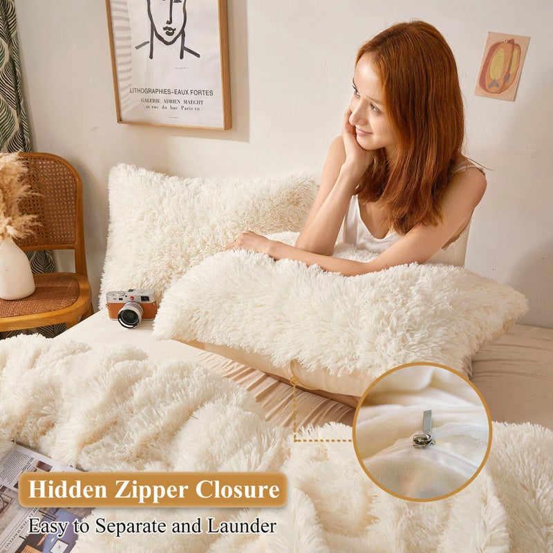 XeGe Faux Fur Throw Pillow Cases, Plush Shaggy Ultra Soft Pillow Covers, Fluffy Crystal Velvet Decorative Pillowcases, Furry Fuzzy Pillow Shams Zipper Closure, Set of 2 (King, Light Beige) - Image 3
